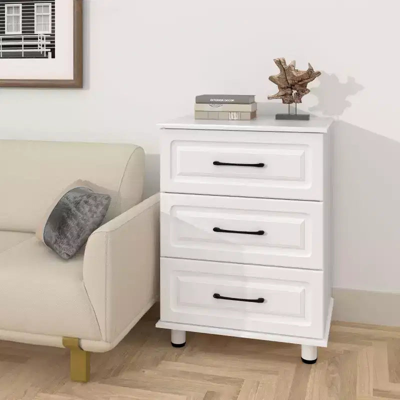 3 Drawer Dresser, Modern Nightstand Small Dressers with Drawers Closet Wood Dressers with Steel Handles, White