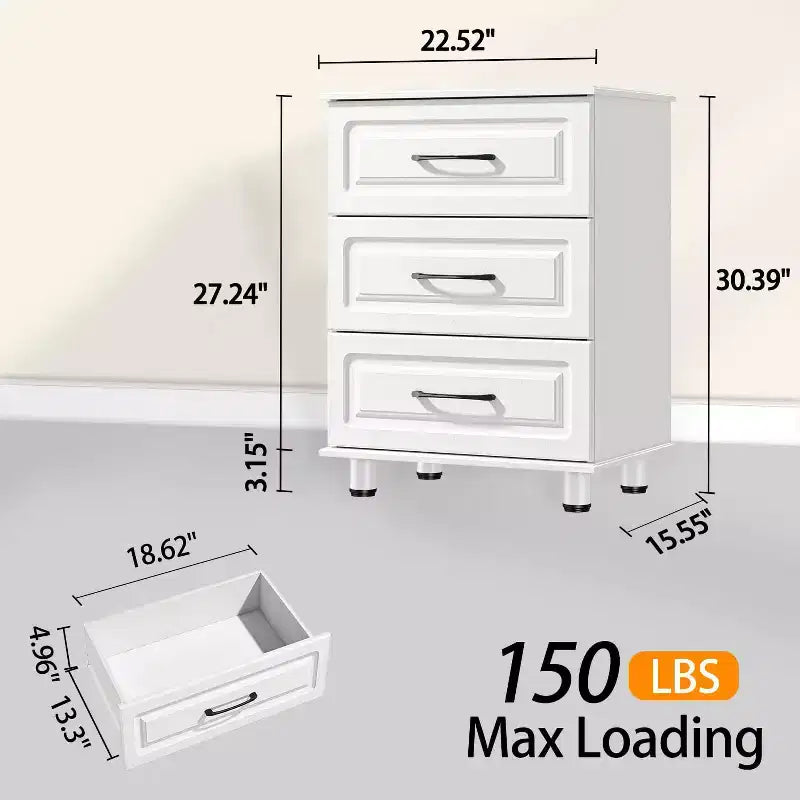 3 Drawer Dresser, Modern Nightstand Small Dressers with Drawers Closet Wood Dressers with Steel Handles, White