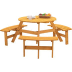 Round Wooden Picnic Table, 6 Person Outdoor Picnic Table with Benches, Umbrella Hole, 1720Lb Capacity, Outdoor