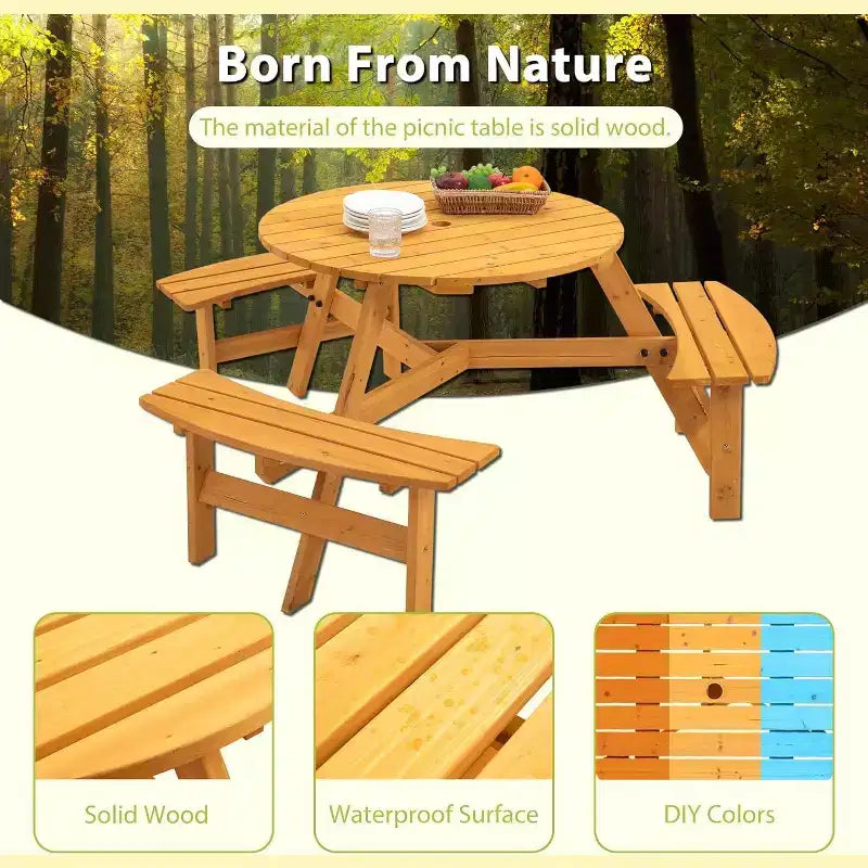 Round Wooden Picnic Table, 6 Person Outdoor Picnic Table with Benches, Umbrella Hole, 1720Lb Capacity, Outdoor