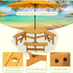 Round Wooden Picnic Table, 6 Person Outdoor Picnic Table with Benches, Umbrella Hole, 1720Lb Capacity, Outdoor