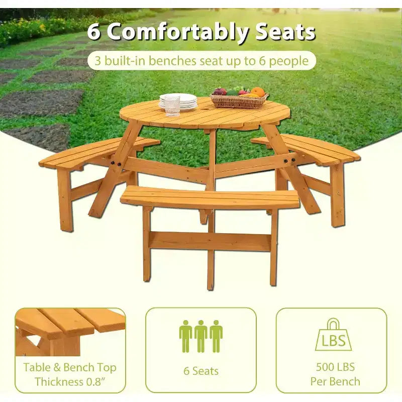 Round Wooden Picnic Table, 6 Person Outdoor Picnic Table with Benches, Umbrella Hole, 1720Lb Capacity, Outdoor