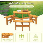 Round Wooden Picnic Table, 6 Person Outdoor Picnic Table with Benches, Umbrella Hole, 1720Lb Capacity, Outdoor