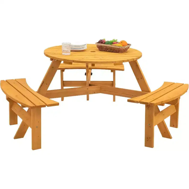 Round Wooden Picnic Table, 6 Person Outdoor Picnic Table with Benches, Umbrella Hole, 1720Lb Capacity, Outdoor