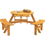 Round Wooden Picnic Table, 6 Person Outdoor Picnic Table with Benches, Umbrella Hole, 1720Lb Capacity, Outdoor