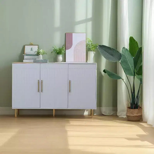 55.12" Large Storage Cabinet, Sideboard Cabinet with 3 Doors and Gold Handles, Buffet Cabinet for Kitchen, Dining Room, Living Room, White