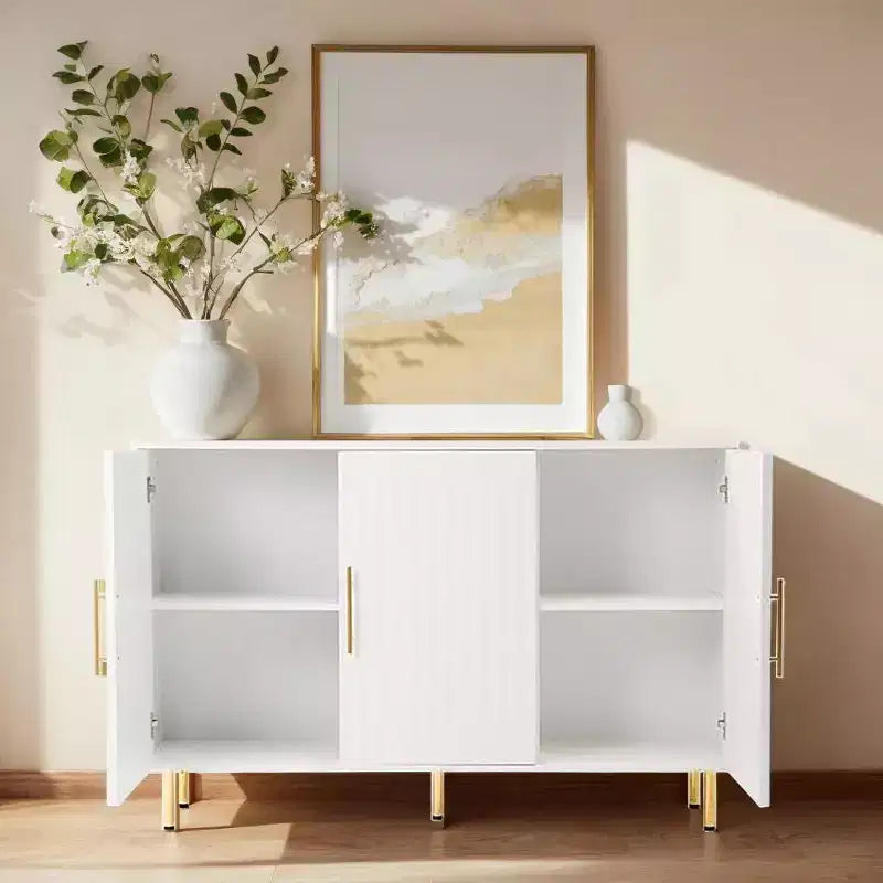 55.12" Large Storage Cabinet, Sideboard Cabinet with 3 Doors and Gold Handles, Buffet Cabinet for Kitchen, Dining Room, Living Room, White