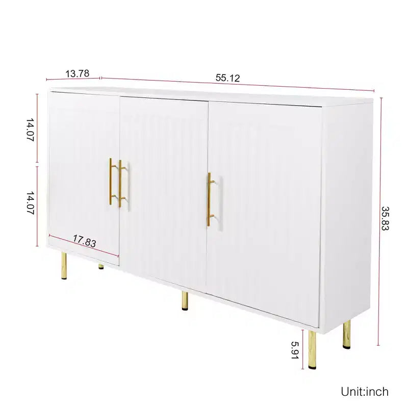 55.12" Large Storage Cabinet, Sideboard Cabinet with 3 Doors and Gold Handles, Buffet Cabinet for Kitchen, Dining Room, Living Room, White
