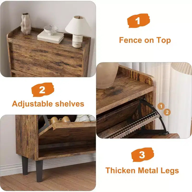 Shoe Cabinet with Flip Drawers, Wooden Shoe Organizer Cabinet with Adjustable Shelf, Hidden Shoe Cabinet for Hallway, Entryway
