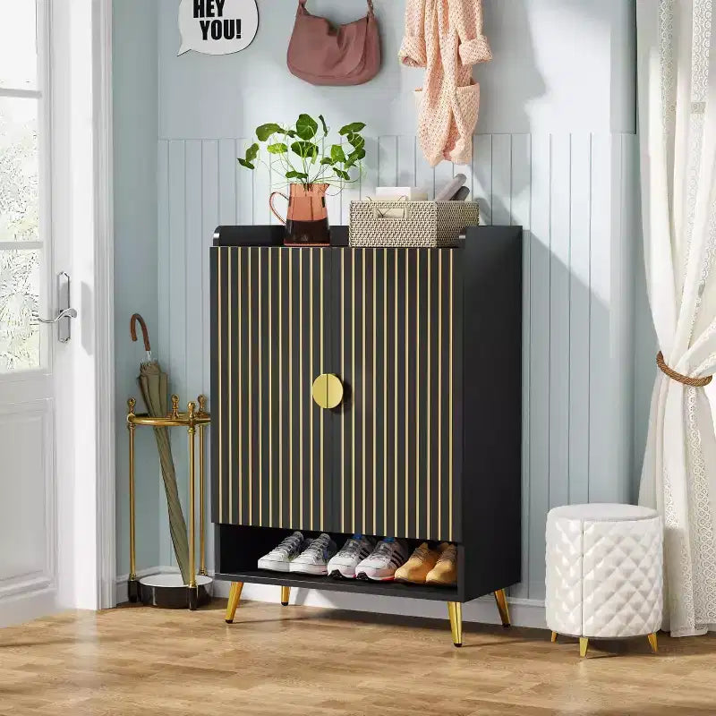 Shoe Cabinet with Doors, 7-Tier Shoe Storage Cabinet with Adjustable Shelves, for Entryway, Hallway, Closet, Living Room, Black
