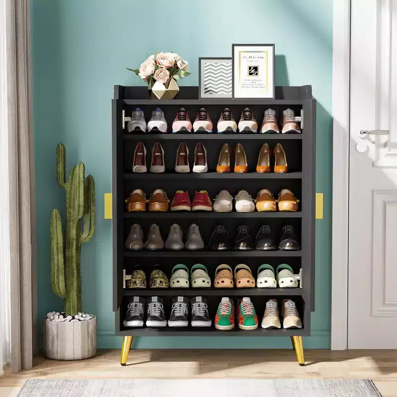 Shoe Cabinet with Doors, 7-Tier Shoe Storage Cabinet with Adjustable Shelves, for Entryway, Hallway, Closet, Living Room, Black