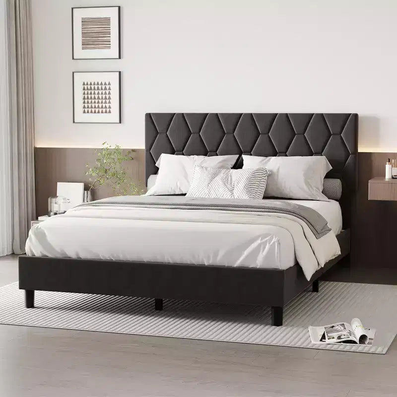 Full Size Bed Frame , Upholstered Platform Bed with Headboard and Soft Fabric, Mattress Foundation,No Box Spring Needed,Easy Assembly
