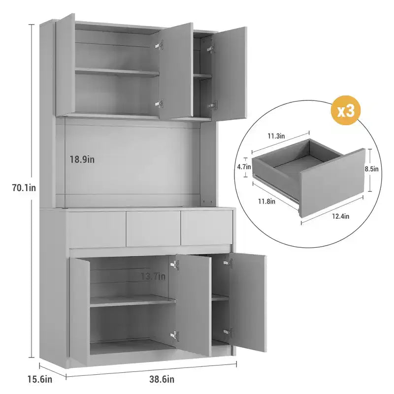 70 Pantry Cabinet with Charging Station, Tall Kitchen Storage Cabinet with Microwave Stand, 3 Drawers & Adjustable Shelves for Dining Room