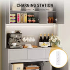 70 Pantry Cabinet with Charging Station, Tall Kitchen Storage Cabinet with Microwave Stand, 3 Drawers & Adjustable Shelves for Dining Room