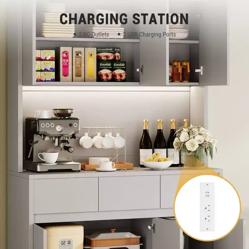 70 Pantry Cabinet with Charging Station, Tall Kitchen Storage Cabinet with Microwave Stand, 3 Drawers & Adjustable Shelves for Dining Room