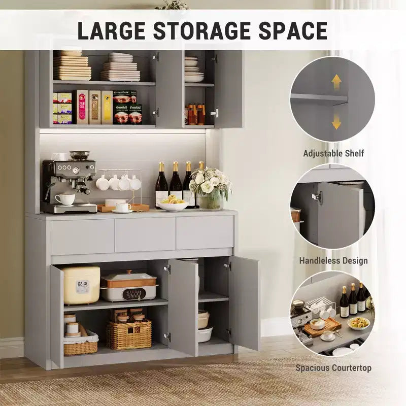 70 Pantry Cabinet with Charging Station, Tall Kitchen Storage Cabinet with Microwave Stand, 3 Drawers & Adjustable Shelves for Dining Room