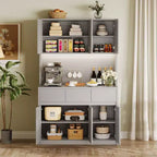 70 Pantry Cabinet with Charging Station, Tall Kitchen Storage Cabinet with Microwave Stand, 3 Drawers & Adjustable Shelves for Dining Room