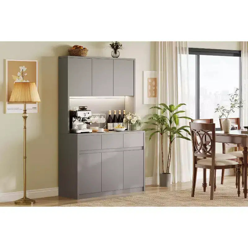 70 Pantry Cabinet with Charging Station, Tall Kitchen Storage Cabinet with Microwave Stand, 3 Drawers & Adjustable Shelves for Dining Room