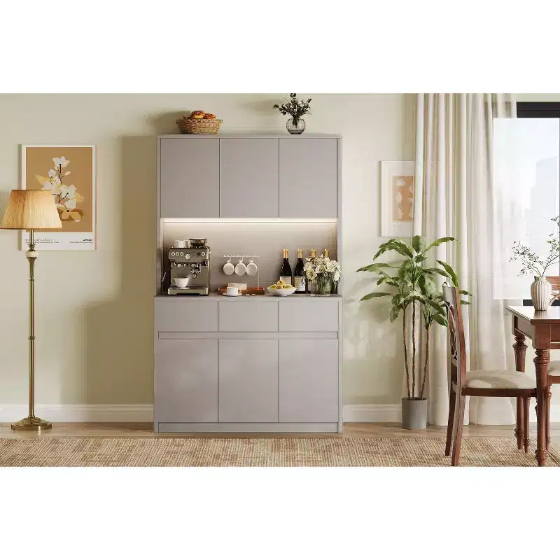 70 Pantry Cabinet with Charging Station, Tall Kitchen Storage Cabinet with Microwave Stand, 3 Drawers & Adjustable Shelves for Dining Room