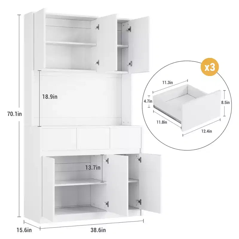 70 Pantry Cabinet with Charging Station, Tall Kitchen Storage Cabinet with Microwave Stand, 3 Drawers & Adjustable Shelves for Dining Room