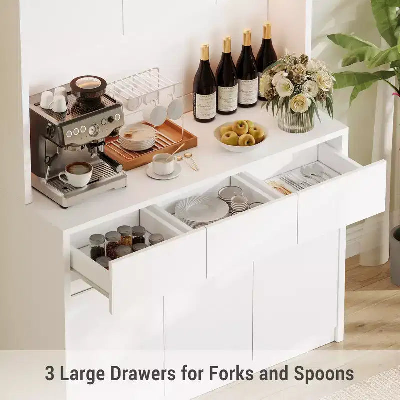 70 Pantry Cabinet with Charging Station, Tall Kitchen Storage Cabinet with Microwave Stand, 3 Drawers & Adjustable Shelves for Dining Room