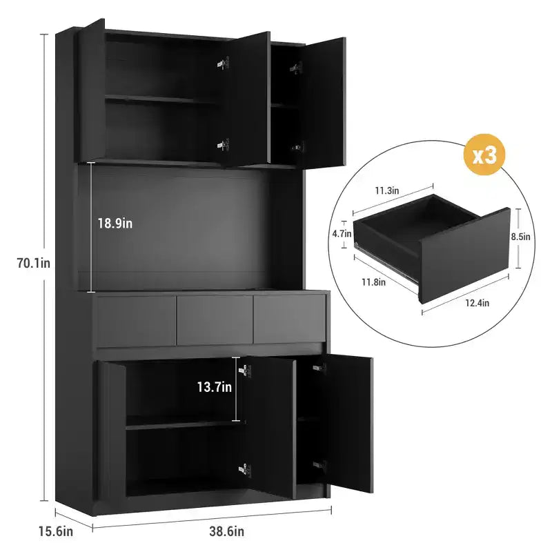 70 Pantry Cabinet with Charging Station, Tall Kitchen Storage Cabinet with Microwave Stand, 3 Drawers & Adjustable Shelves for Dining Room