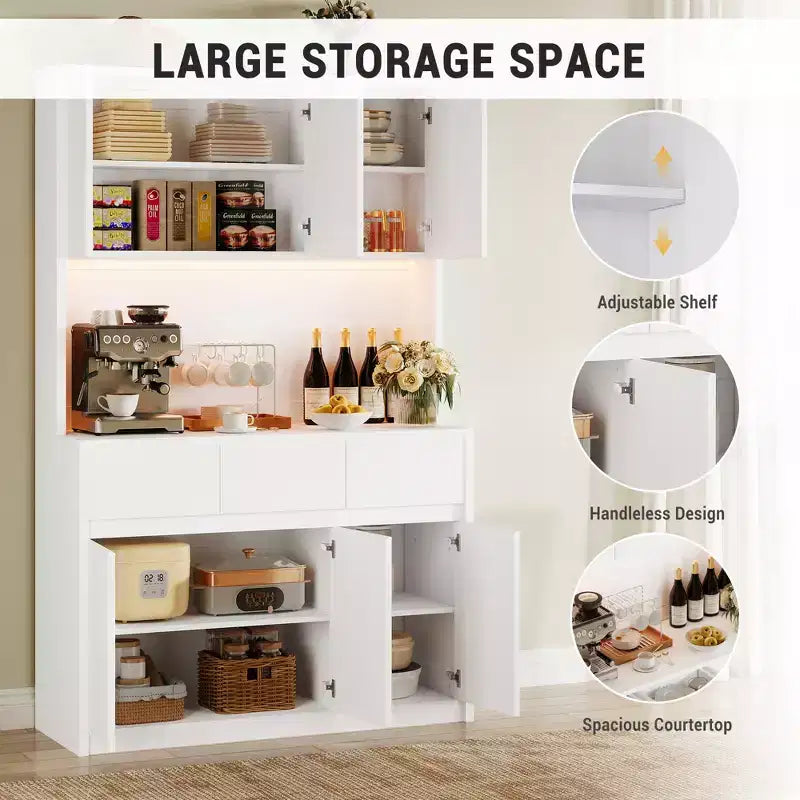 70 Pantry Cabinet with Charging Station, Tall Kitchen Storage Cabinet with Microwave Stand, 3 Drawers & Adjustable Shelves for Dining Room