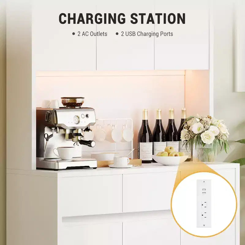 70 Pantry Cabinet with Charging Station, Tall Kitchen Storage Cabinet with Microwave Stand, 3 Drawers & Adjustable Shelves for Dining Room