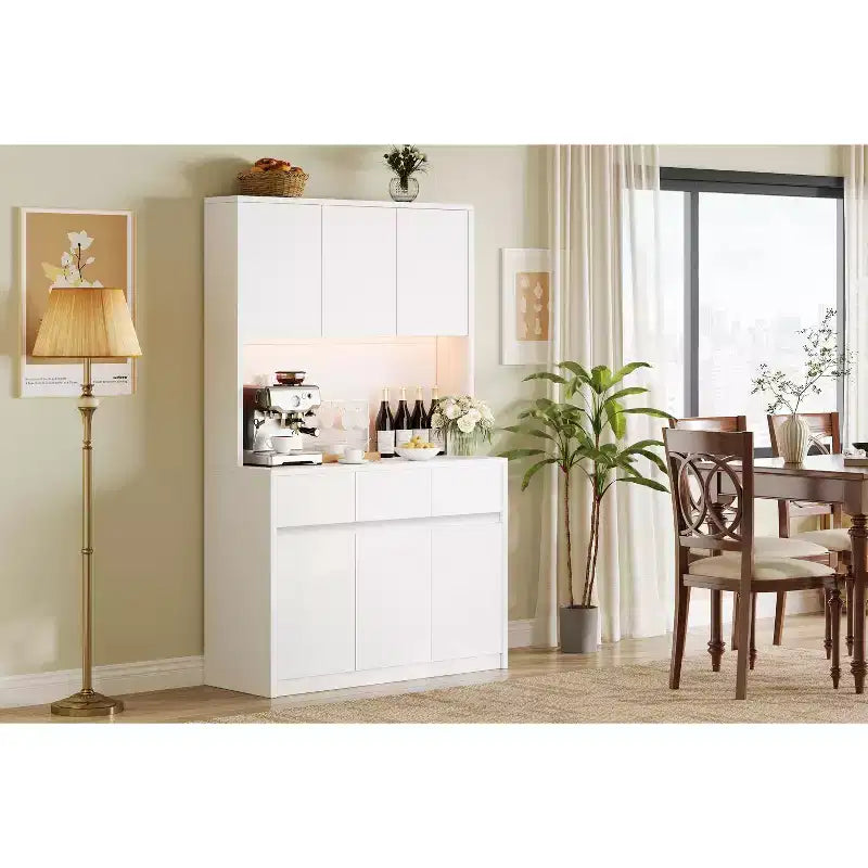 70 Pantry Cabinet with Charging Station, Tall Kitchen Storage Cabinet with Microwave Stand, 3 Drawers & Adjustable Shelves for Dining Room