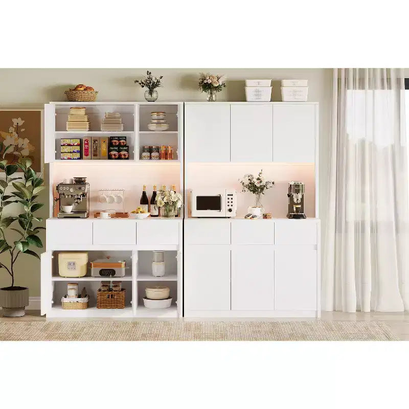 70 Pantry Cabinet with Charging Station, Tall Kitchen Storage Cabinet with Microwave Stand, 3 Drawers & Adjustable Shelves for Dining Room