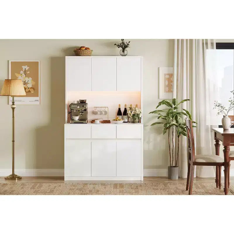 70 Pantry Cabinet with Charging Station, Tall Kitchen Storage Cabinet with Microwave Stand, 3 Drawers & Adjustable Shelves for Dining Room