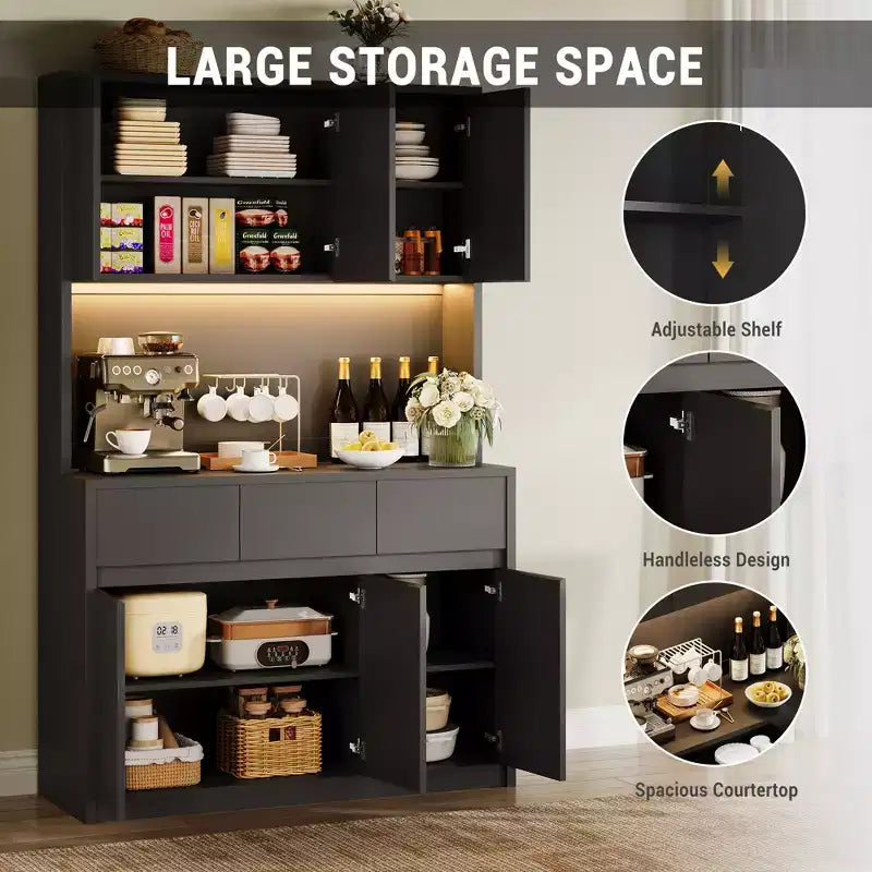 70 Pantry Cabinet with Charging Station, Tall Kitchen Storage Cabinet with Microwave Stand, 3 Drawers & Adjustable Shelves for Dining Room