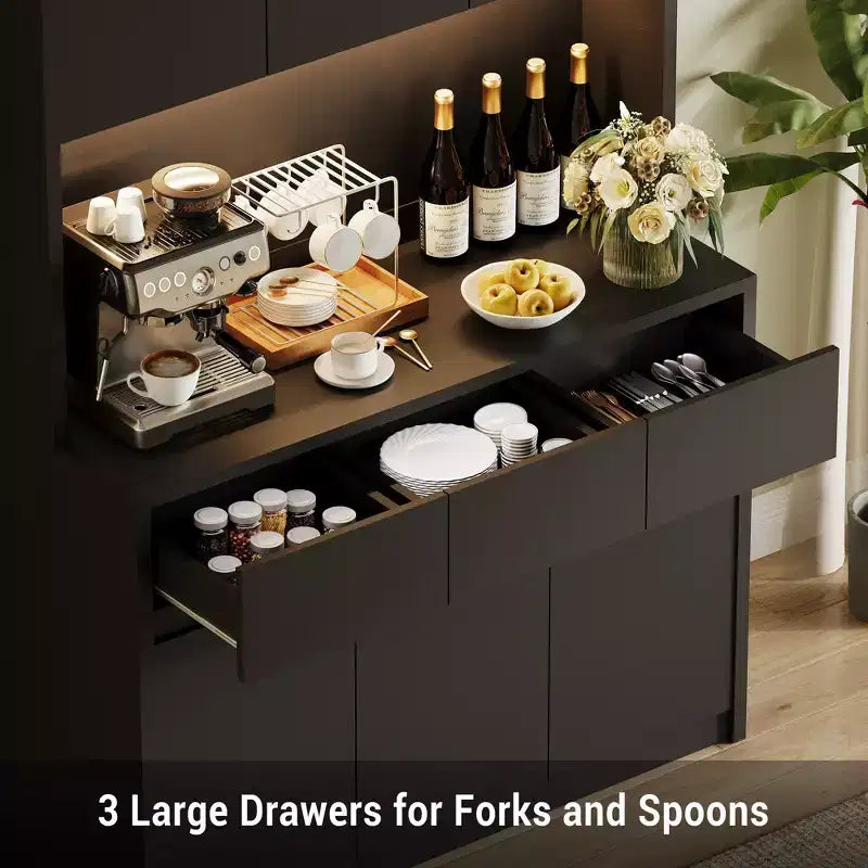 70 Pantry Cabinet with Charging Station, Tall Kitchen Storage Cabinet with Microwave Stand, 3 Drawers & Adjustable Shelves for Dining Room