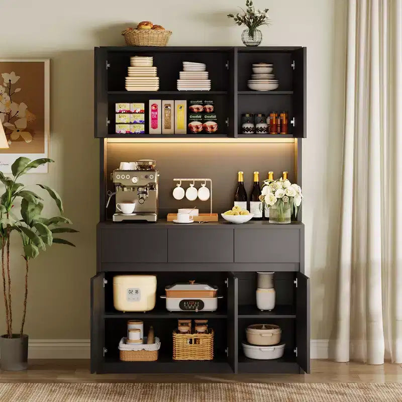 70 Pantry Cabinet with Charging Station, Tall Kitchen Storage Cabinet with Microwave Stand, 3 Drawers & Adjustable Shelves for Dining Room