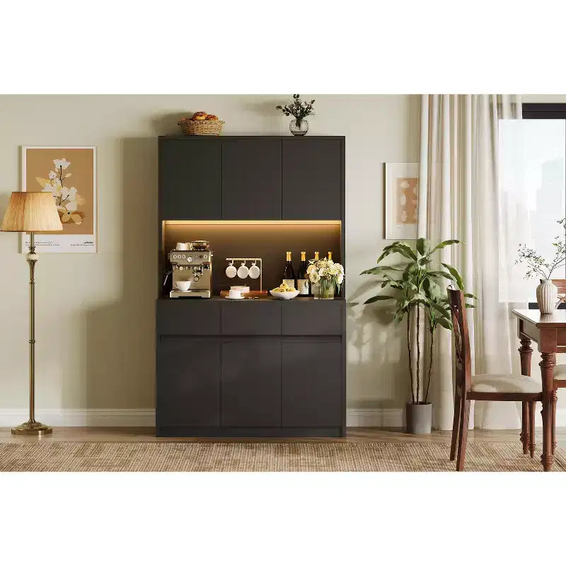 70 Pantry Cabinet with Charging Station, Tall Kitchen Storage Cabinet with Microwave Stand, 3 Drawers & Adjustable Shelves for Dining Room