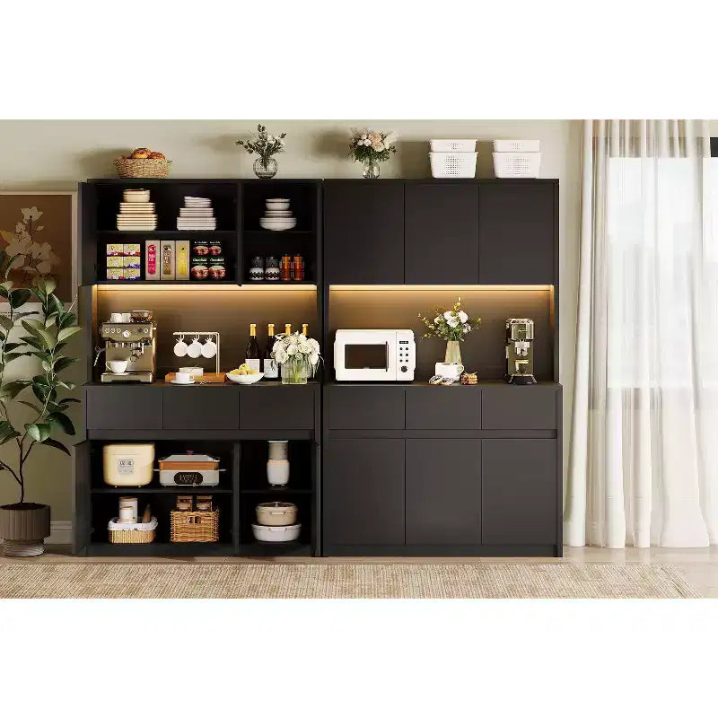 70 Pantry Cabinet with Charging Station, Tall Kitchen Storage Cabinet with Microwave Stand, 3 Drawers & Adjustable Shelves for Dining Room