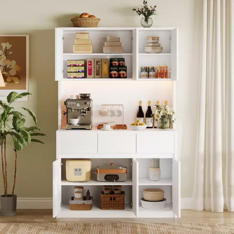70 Pantry Cabinet with Charging Station, Tall Kitchen Storage Cabinet with Microwave Stand, 3 Drawers & Adjustable Shelves for Dining Room