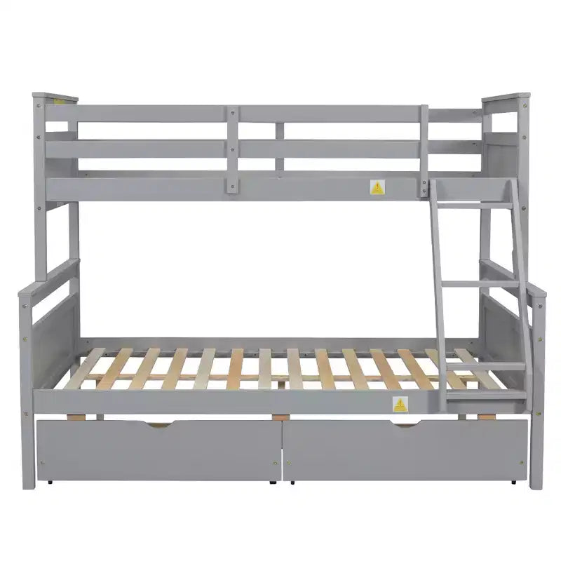 Solid Wood Twin over Full Bunk Bed with Two Storage Drawer, Removable Ladder and Safety Guardrail, Convertible to 2 Separated beds