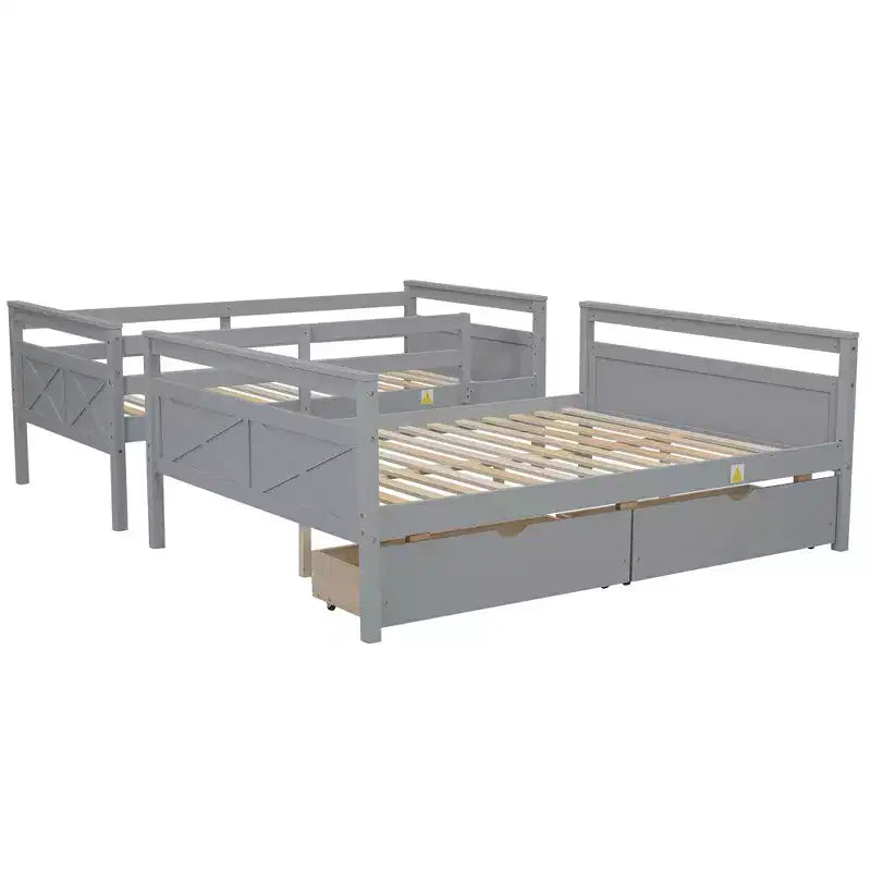 Solid Wood Twin over Full Bunk Bed with Two Storage Drawer, Removable Ladder and Safety Guardrail, Convertible to 2 Separated beds