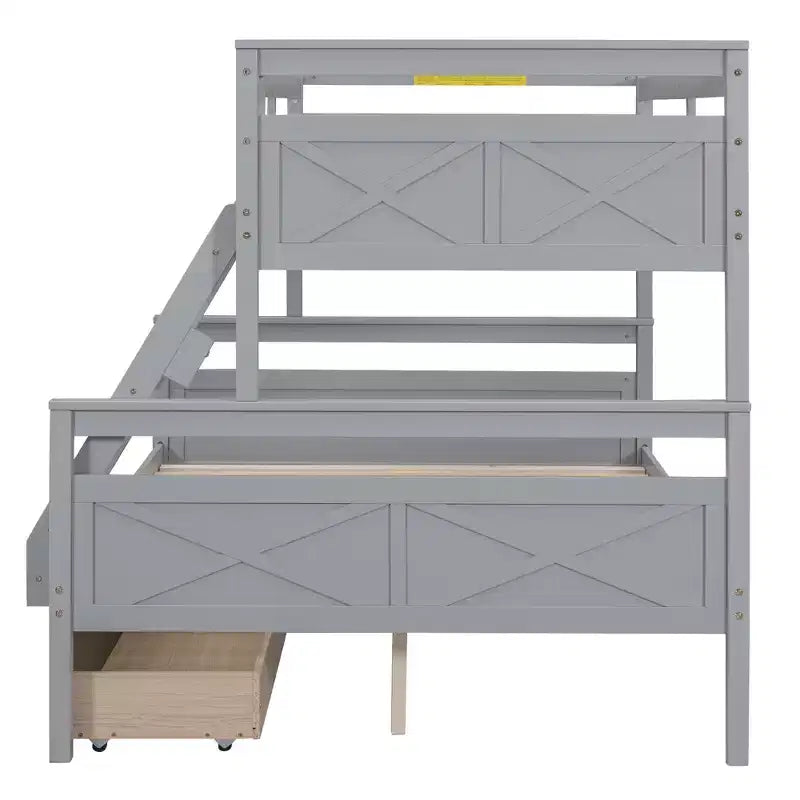 Solid Wood Twin over Full Bunk Bed with Two Storage Drawer, Removable Ladder and Safety Guardrail, Convertible to 2 Separated beds
