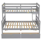 Solid Wood Twin over Full Bunk Bed with Two Storage Drawer, Removable Ladder and Safety Guardrail, Convertible to 2 Separated beds