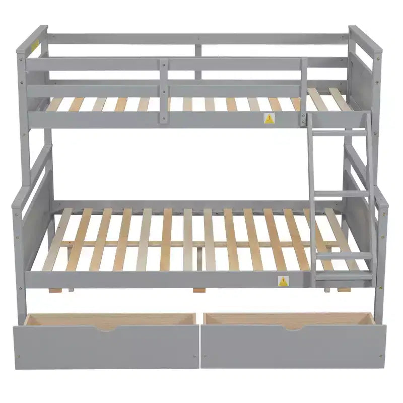 Solid Wood Twin over Full Bunk Bed with Two Storage Drawer, Removable Ladder and Safety Guardrail, Convertible to 2 Separated beds