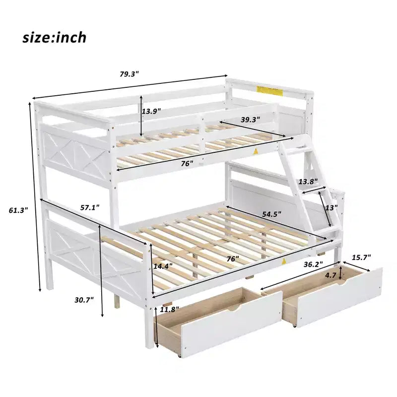 Solid Wood Twin over Full Bunk Bed with Two Storage Drawer, Removable Ladder and Safety Guardrail, Convertible to 2 Separated beds