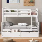 Solid Wood Twin over Full Bunk Bed with Two Storage Drawer, Removable Ladder and Safety Guardrail, Convertible to 2 Separated beds