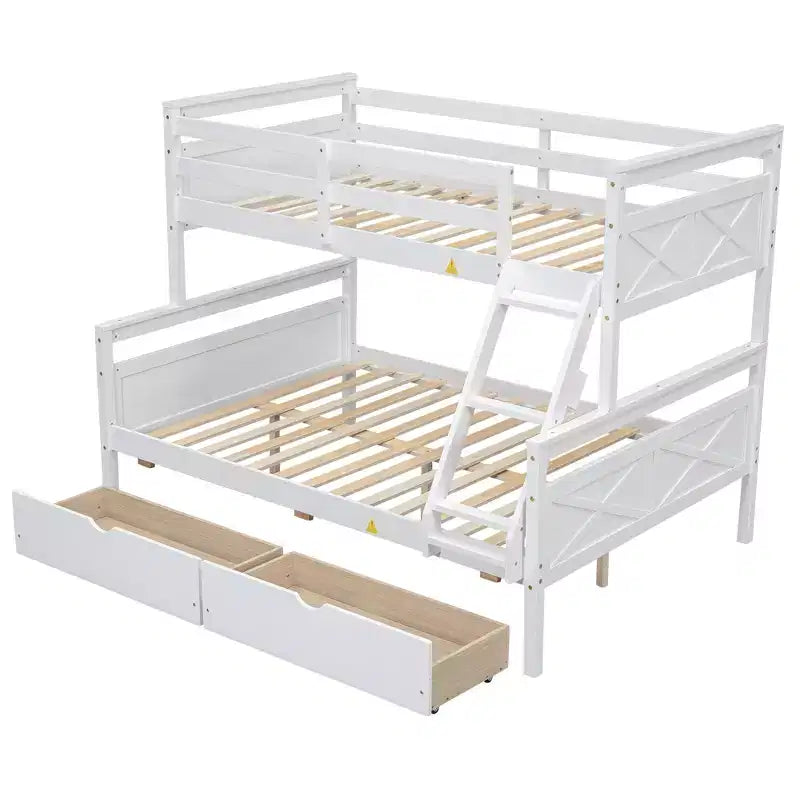 Solid Wood Twin over Full Bunk Bed with Two Storage Drawer, Removable Ladder and Safety Guardrail, Convertible to 2 Separated beds