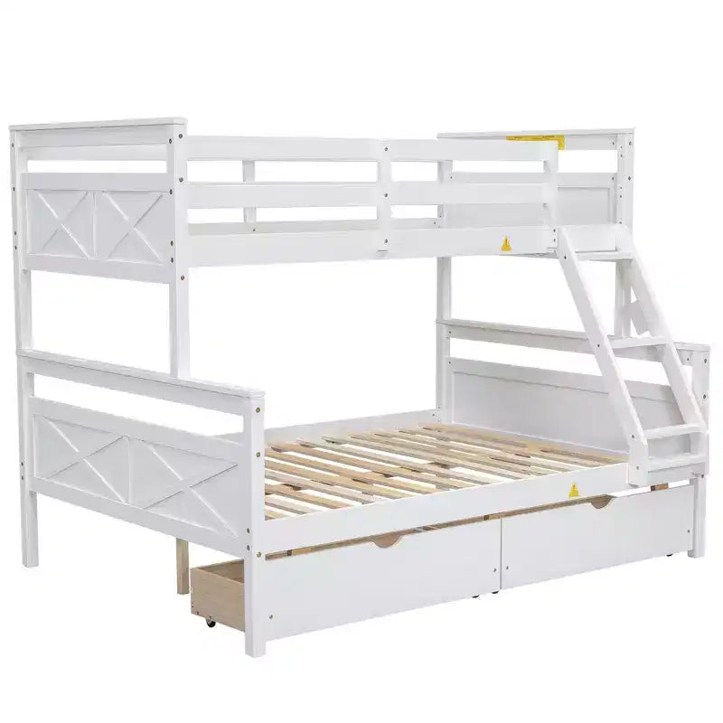 Solid Wood Twin over Full Bunk Bed with Two Storage Drawer, Removable Ladder and Safety Guardrail, Convertible to 2 Separated beds