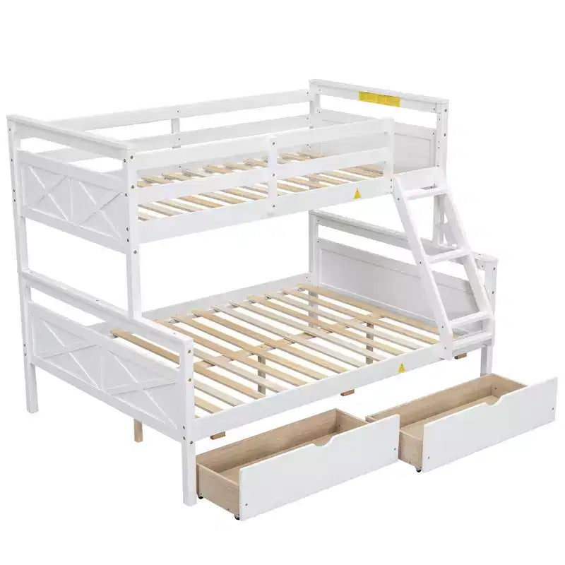 Solid Wood Twin over Full Bunk Bed with Two Storage Drawer, Removable Ladder and Safety Guardrail, Convertible to 2 Separated beds