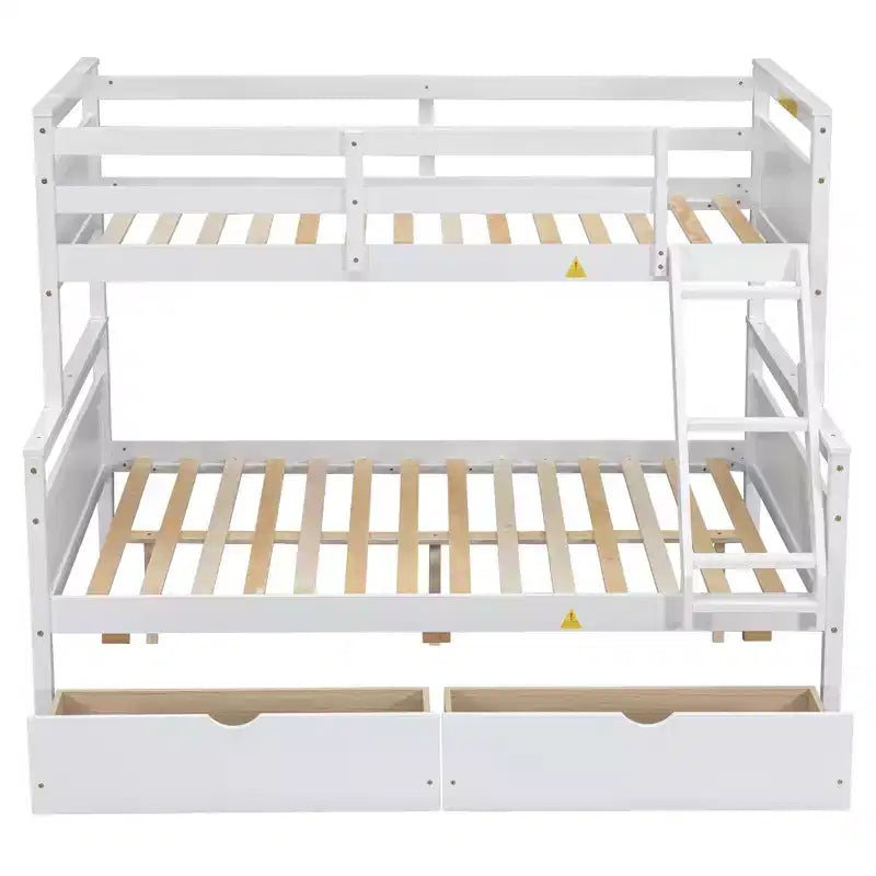 Solid Wood Twin over Full Bunk Bed with Two Storage Drawer, Removable Ladder and Safety Guardrail, Convertible to 2 Separated beds
