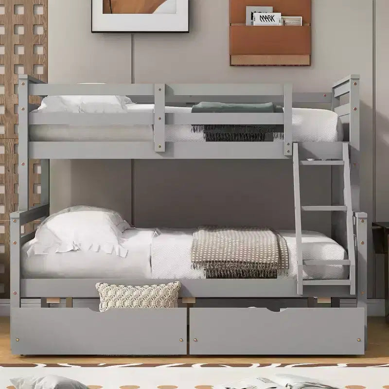 Solid Wood Twin over Full Bunk Bed with Two Storage Drawer, Removable Ladder and Safety Guardrail, Convertible to 2 Separated beds