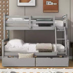 Solid Wood Twin over Full Bunk Bed with Two Storage Drawer, Removable Ladder and Safety Guardrail, Convertible to 2 Separated beds